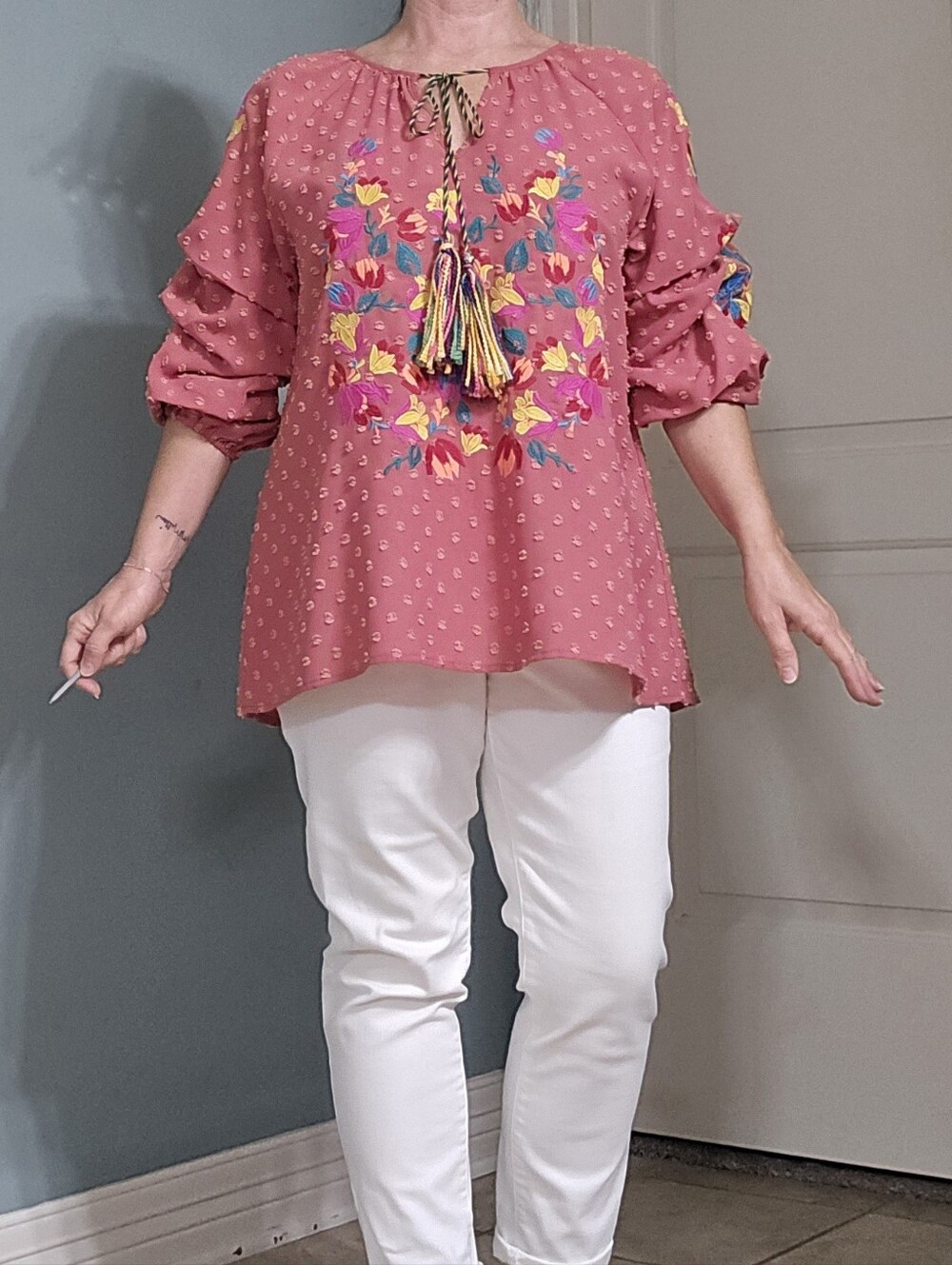 Pink Embroidered Tassel Tunic Top